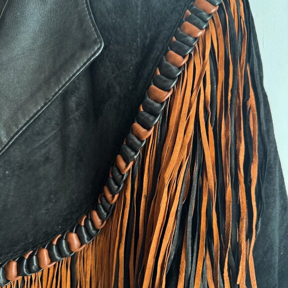 Vintage Diamond Leather Cropped Fringe Black Brown Suede Jacket L - Picture 2 of 12